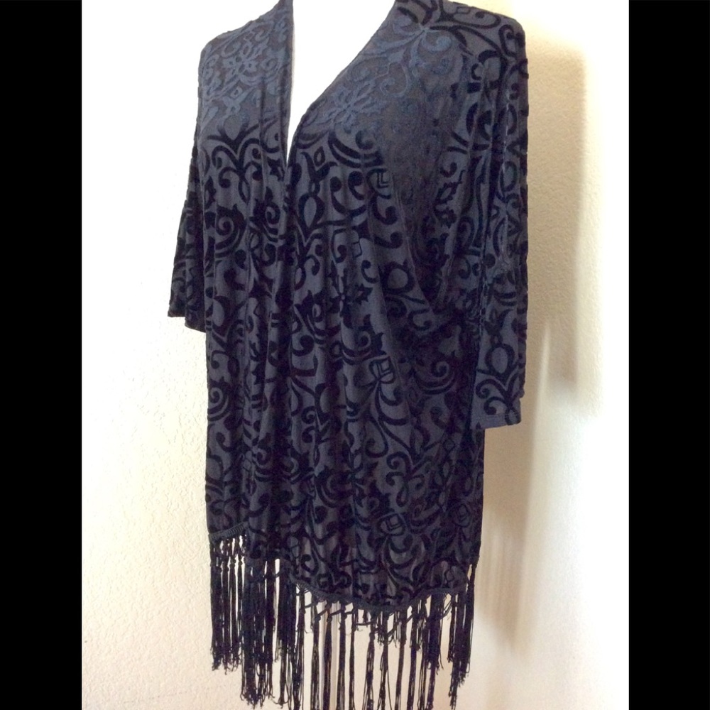 Swim cover black Kimono top fringed lace like